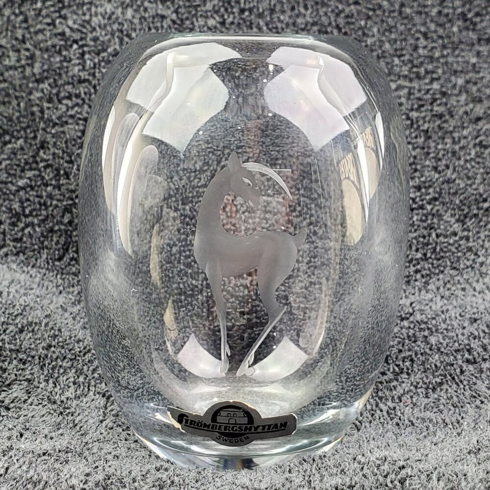 Strombergshyttan Swedish Vintage Deer Crystal Glass Small Vase Style 4" Tall